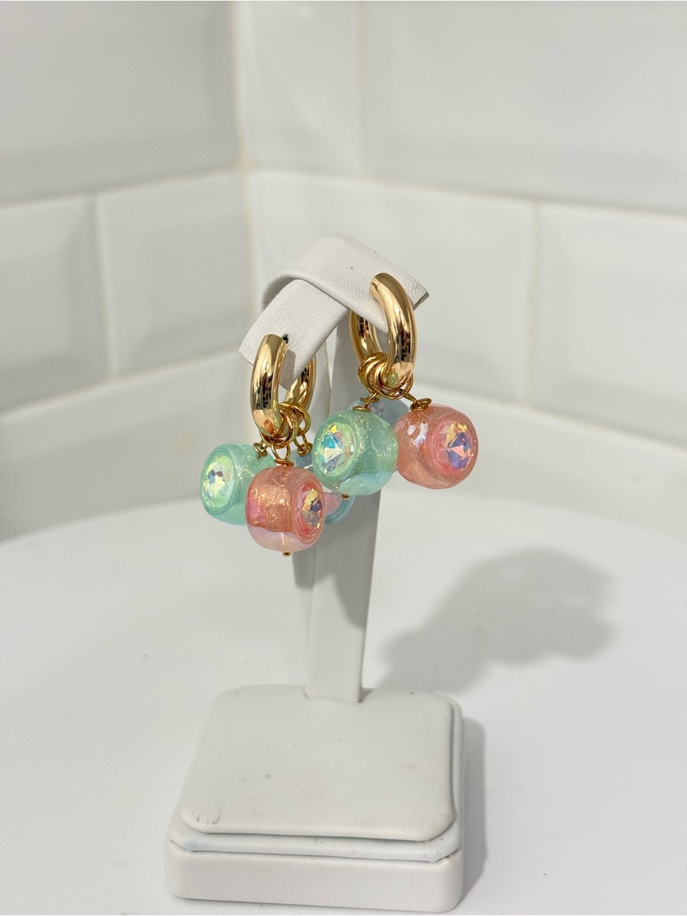 Gold Hoop Earrings with Pastel Iridescent Pink, Green & Blue Charms